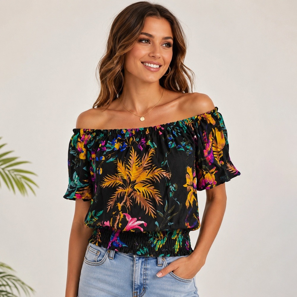 Cynthia Rowley NWT Black Tropical Floral Off The Shoulder Smocked Hem Top Small